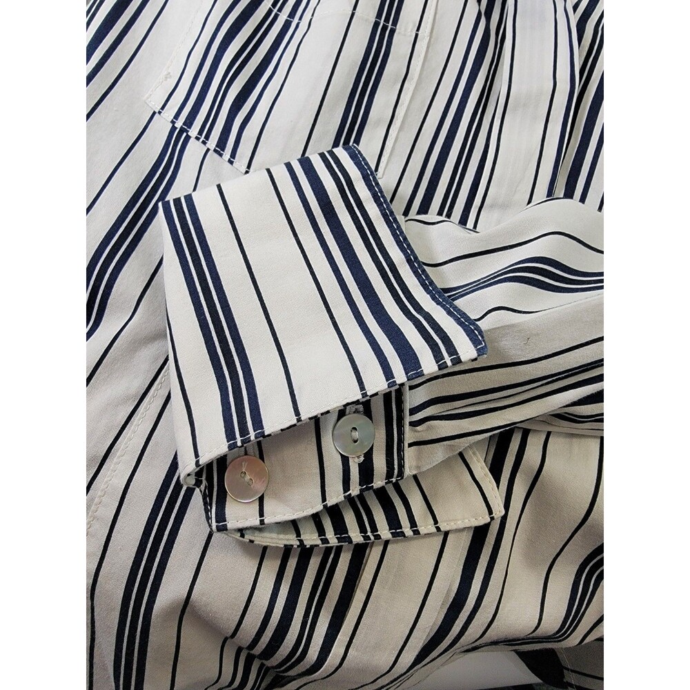 M‎ Siamo 12 Navy White Striped Ruffle Button Down Blouse Shirt Top Stretch EUC - Picture 9 of 12
